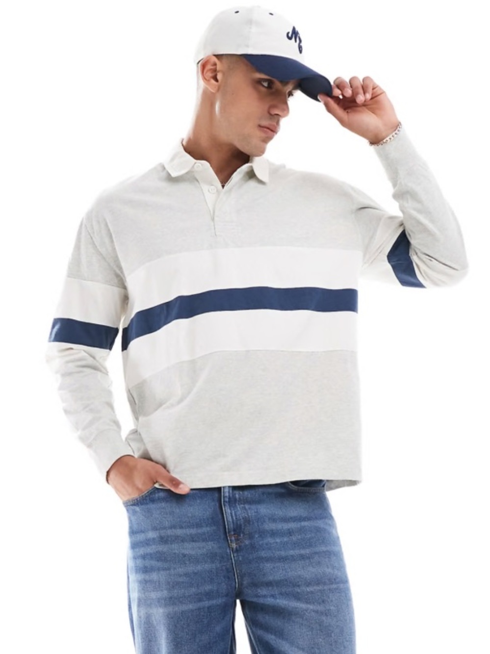 Abercrombie Men’s Gray Rugby Polo with Navy Stripe Oversized